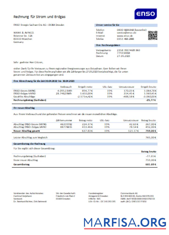 Blank ENSO electricity utility business bill SCR example